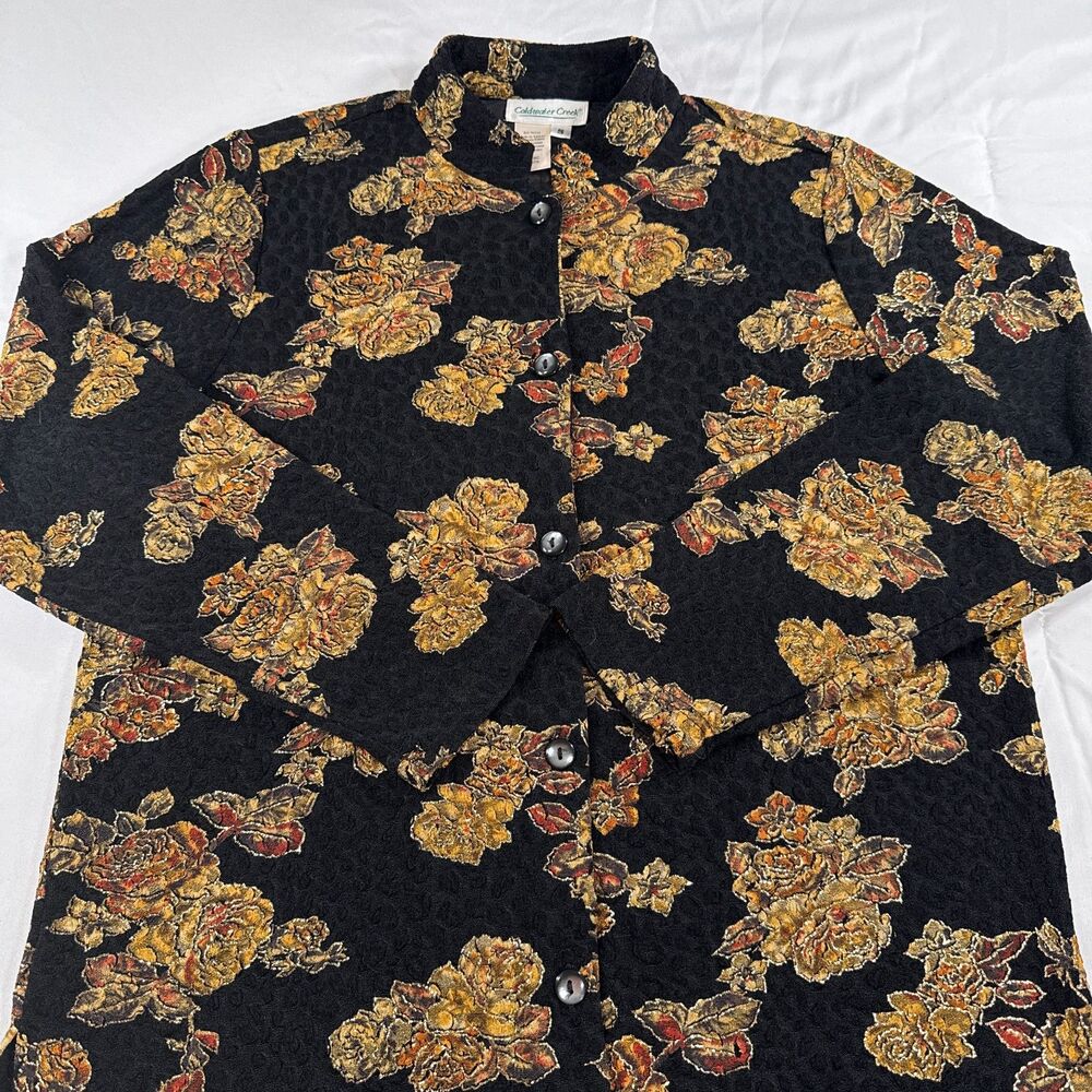 Vtg. Coldwater Creek Gold Metallic Roses Flower Blouse Mandarin Collar Textured